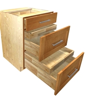 3 drawer base cabinet with 2 hidden rollouts above the lower drawer boxes